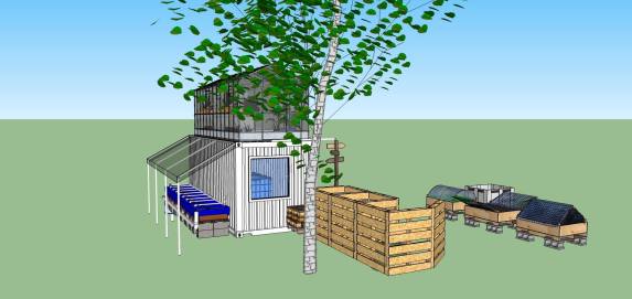 Teikning af húsi gerðu úr endurnýttum gámi. Fyrir aftan það má sjást aquaponics brúsar sem eru hluti af sameldi fiska og grænmetis. 